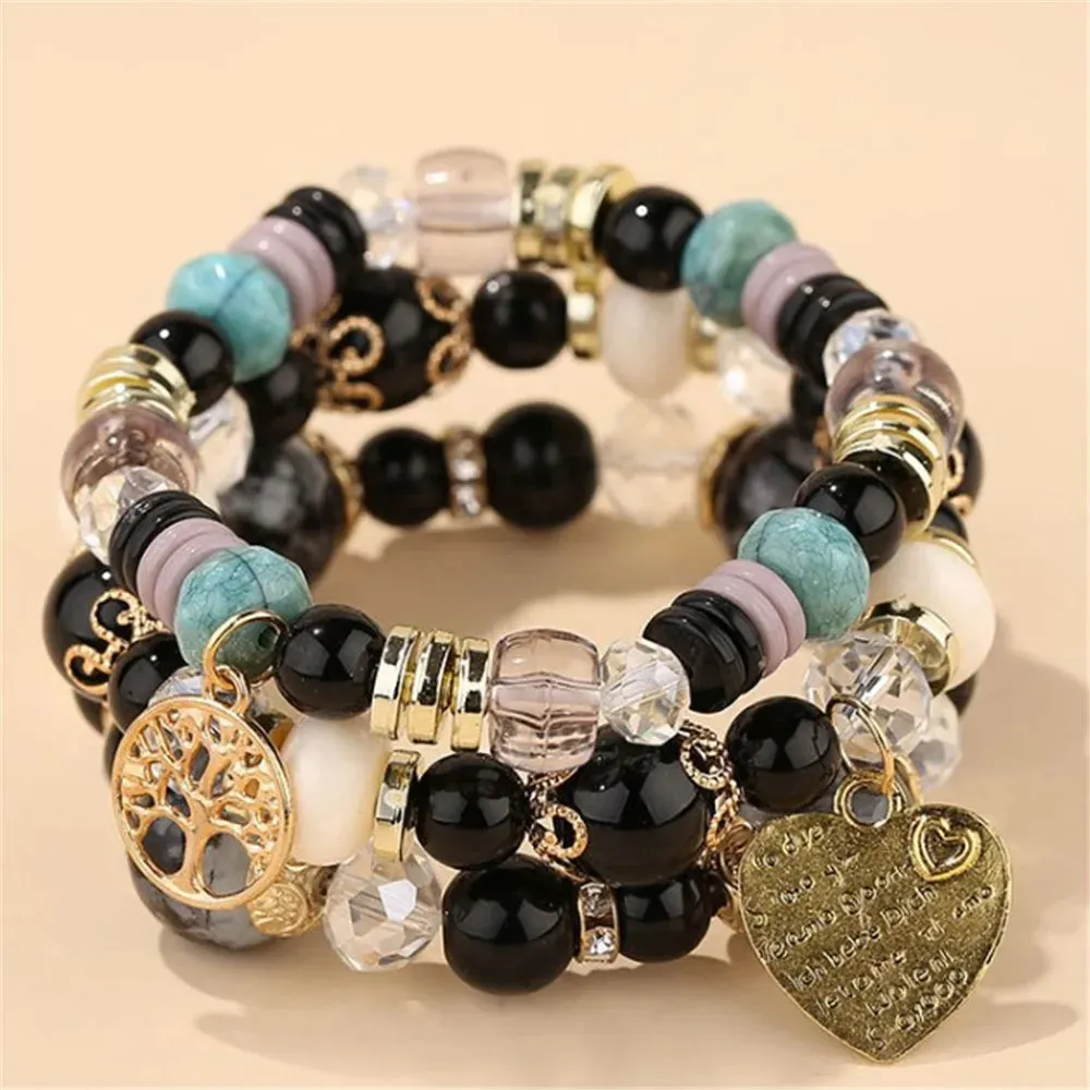 Bohemian Pink Crystal Beads Heart Charm Bracelets Women Girls Ethnic Tree Of Life Charm Wrap Bracelet