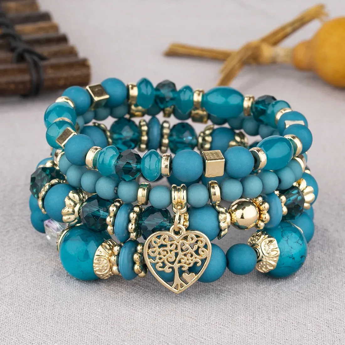 Bohemian Pink Crystal Beads Heart Charm Bracelets Women Girls Ethnic Tree Of Life Charm Wrap Bracelet