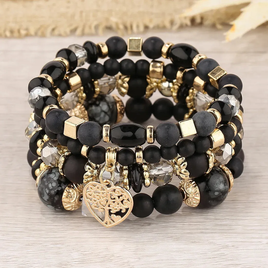 Bohemian Pink Crystal Beads Heart Charm Bracelets Women Girls Ethnic Tree Of Life Charm Wrap Bracelet