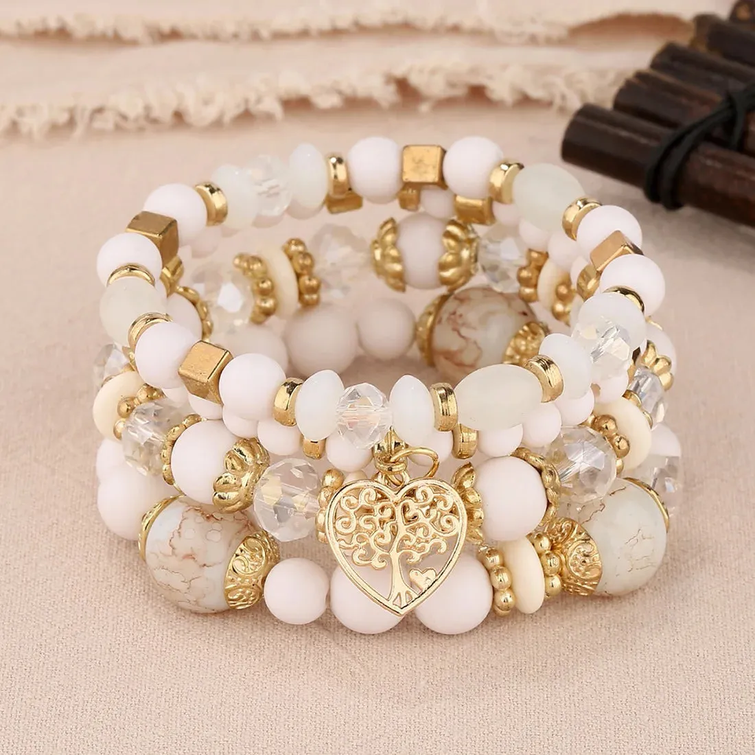 Bohemian Pink Crystal Beads Heart Charm Bracelets Women Girls Ethnic Tree Of Life Charm Wrap Bracelet