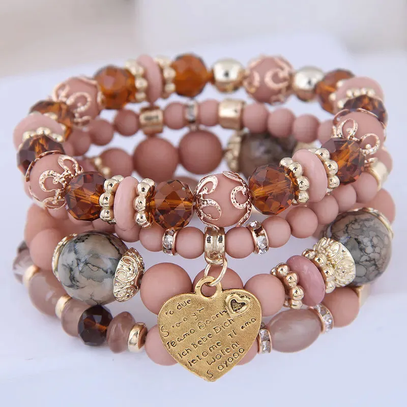 Bohemian Pink Crystal Beads Heart Charm Bracelets Women Girls Ethnic Tree Of Life Charm Wrap Bracelet