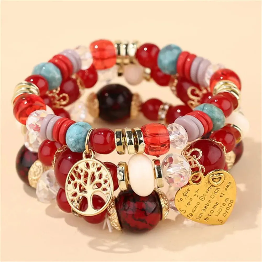 Bohemian Pink Crystal Beads Heart Charm Bracelets Women Girls Ethnic Tree Of Life Charm Wrap Bracelet