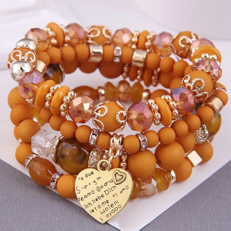Bohemian Pink Crystal Beads Heart Charm Bracelets Women Girls Ethnic Tree Of Life Charm Wrap Bracelet