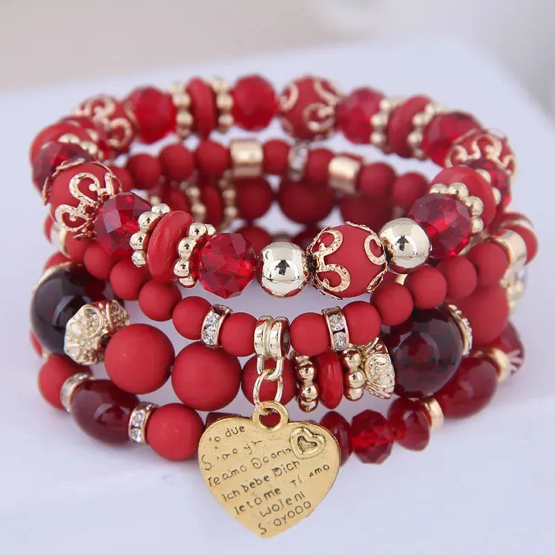 Bohemian Pink Crystal Beads Heart Charm Bracelets Women Girls Ethnic Tree Of Life Charm Wrap Bracelet