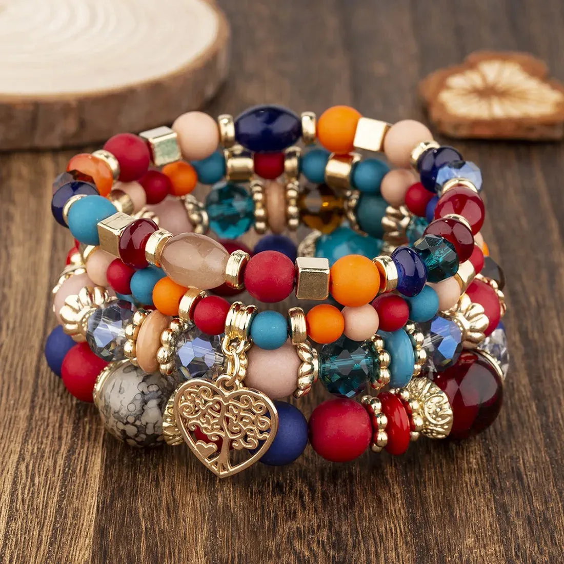 Bohemian Pink Crystal Beads Heart Charm Bracelets Women Girls Ethnic Tree Of Life Charm Wrap Bracelet