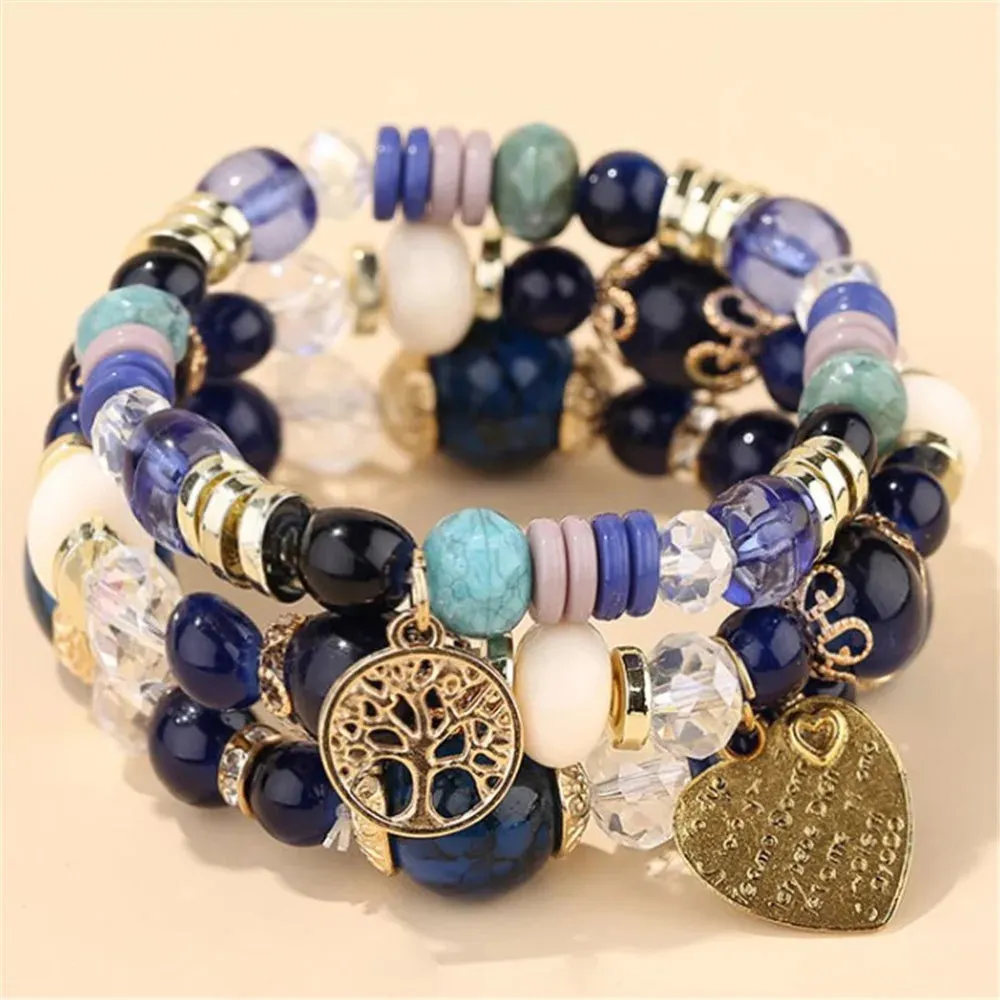 Bohemian Pink Crystal Beads Heart Charm Bracelets Women Girls Ethnic Tree Of Life Charm Wrap Bracelet