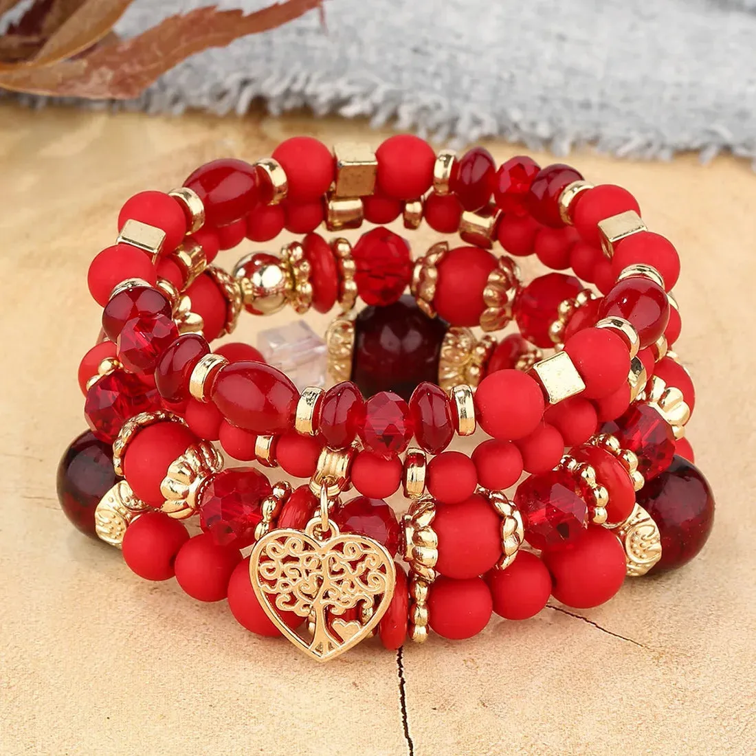 Bohemian Pink Crystal Beads Heart Charm Bracelets Women Girls Ethnic Tree Of Life Charm Wrap Bracelet