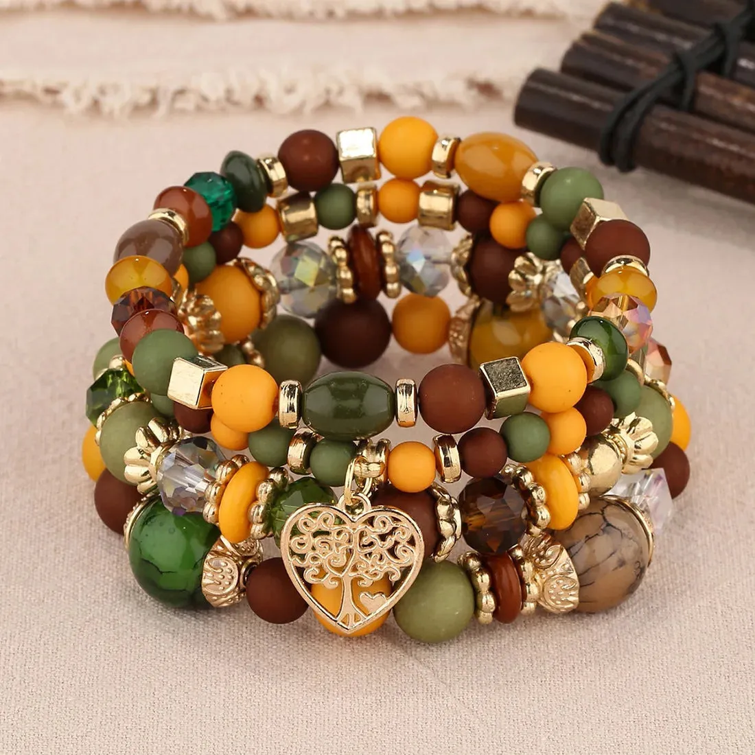 Bohemian Pink Crystal Beads Heart Charm Bracelets Women Girls Ethnic Tree Of Life Charm Wrap Bracelet