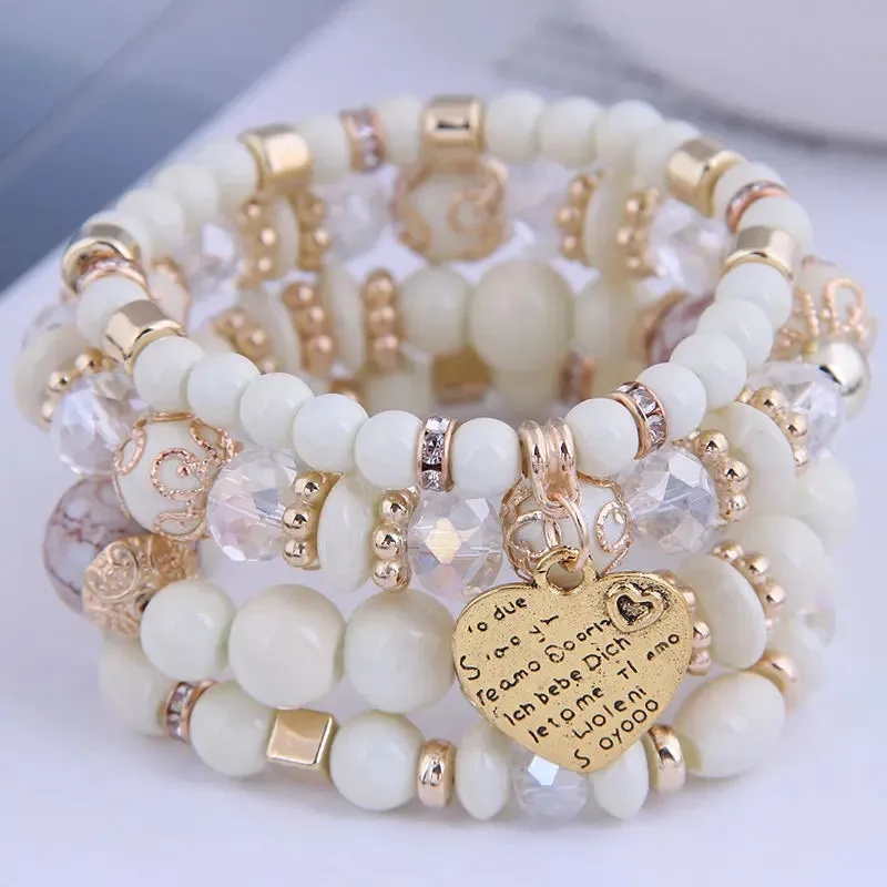 Bohemian Pink Crystal Beads Heart Charm Bracelets Women Girls Ethnic Tree Of Life Charm Wrap Bracelet