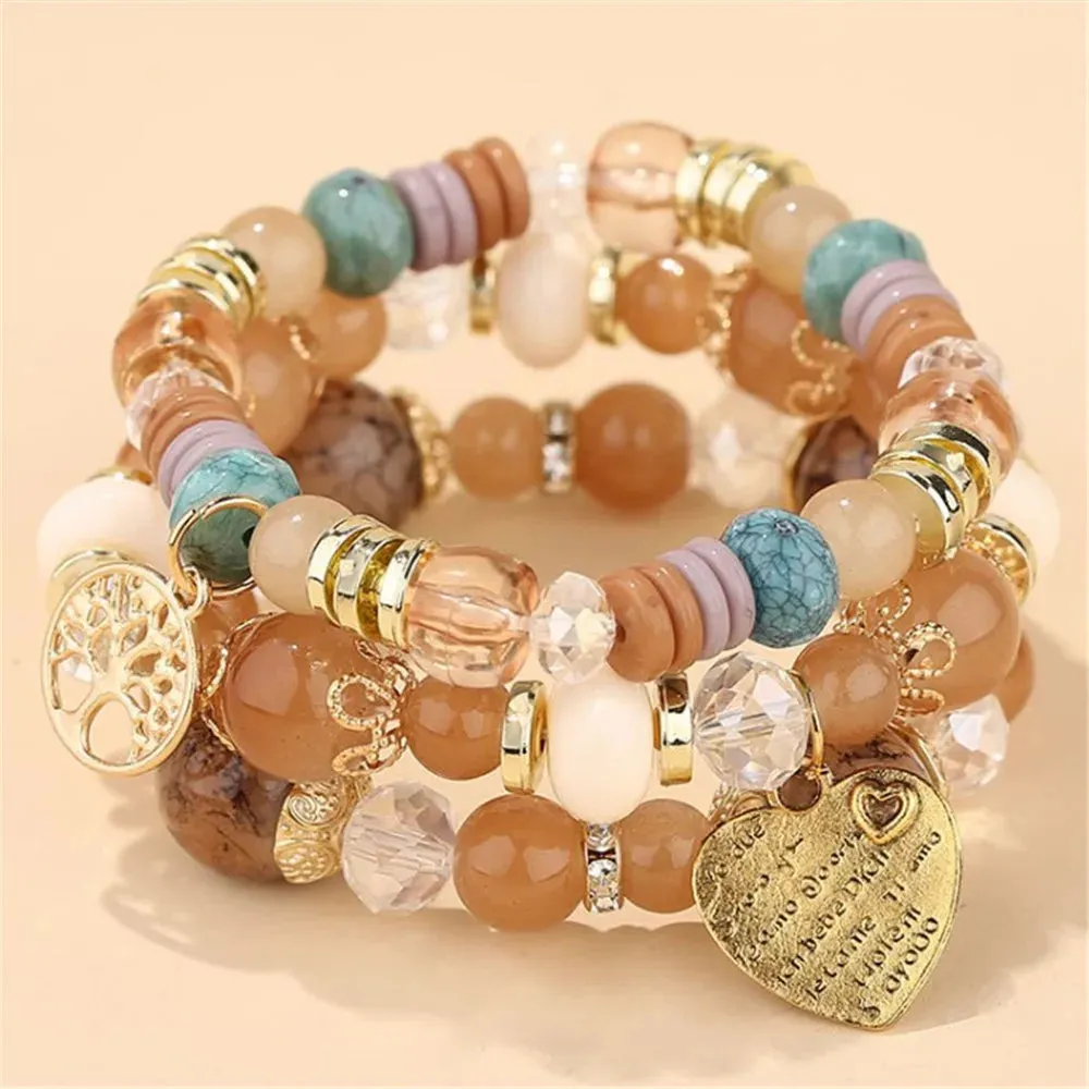 Bohemian Pink Crystal Beads Heart Charm Bracelets Women Girls Ethnic Tree Of Life Charm Wrap Bracelet