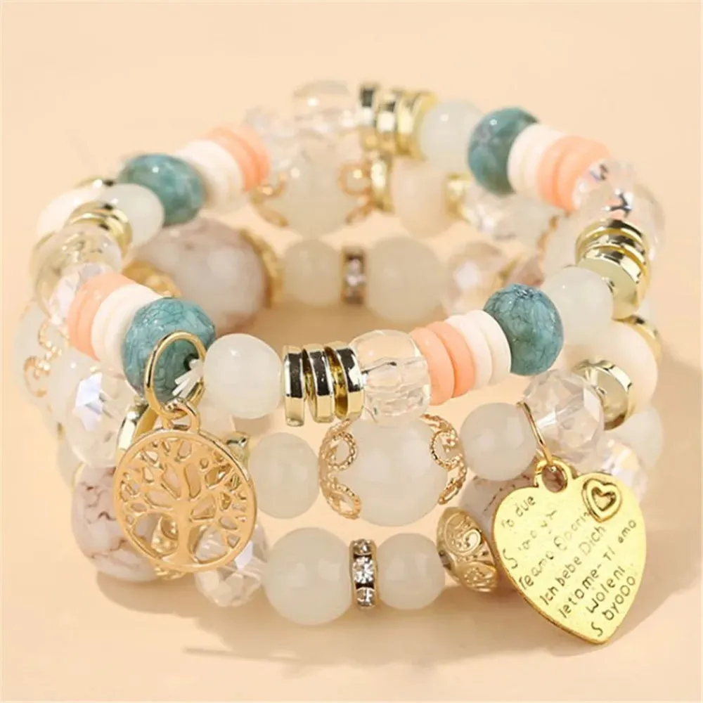 Bohemian Pink Crystal Beads Heart Charm Bracelets Women Girls Ethnic Tree Of Life Charm Wrap Bracelet