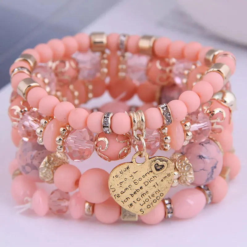 Bohemian Pink Crystal Beads Heart Charm Bracelets Women Girls Ethnic Tree Of Life Charm Wrap Bracelet