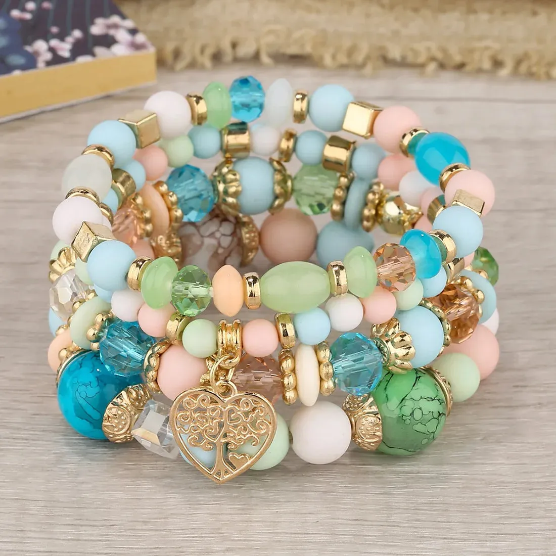 Bohemian Pink Crystal Beads Heart Charm Bracelets Women Girls Ethnic Tree Of Life Charm Wrap Bracelet