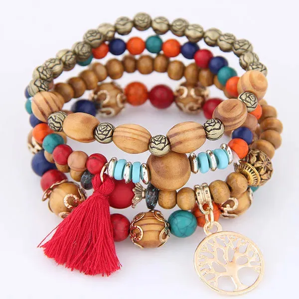 Bohemian Pink Crystal Beads Heart Charm Bracelets Women Girls Ethnic Tree Of Life Charm Wrap Bracelet