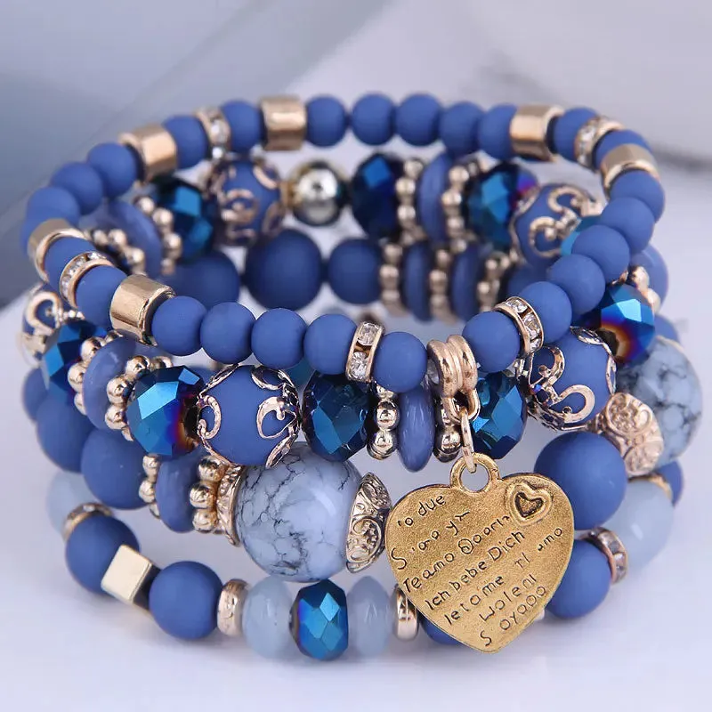 Bohemian Pink Crystal Beads Heart Charm Bracelets Women Girls Ethnic Tree Of Life Charm Wrap Bracelet