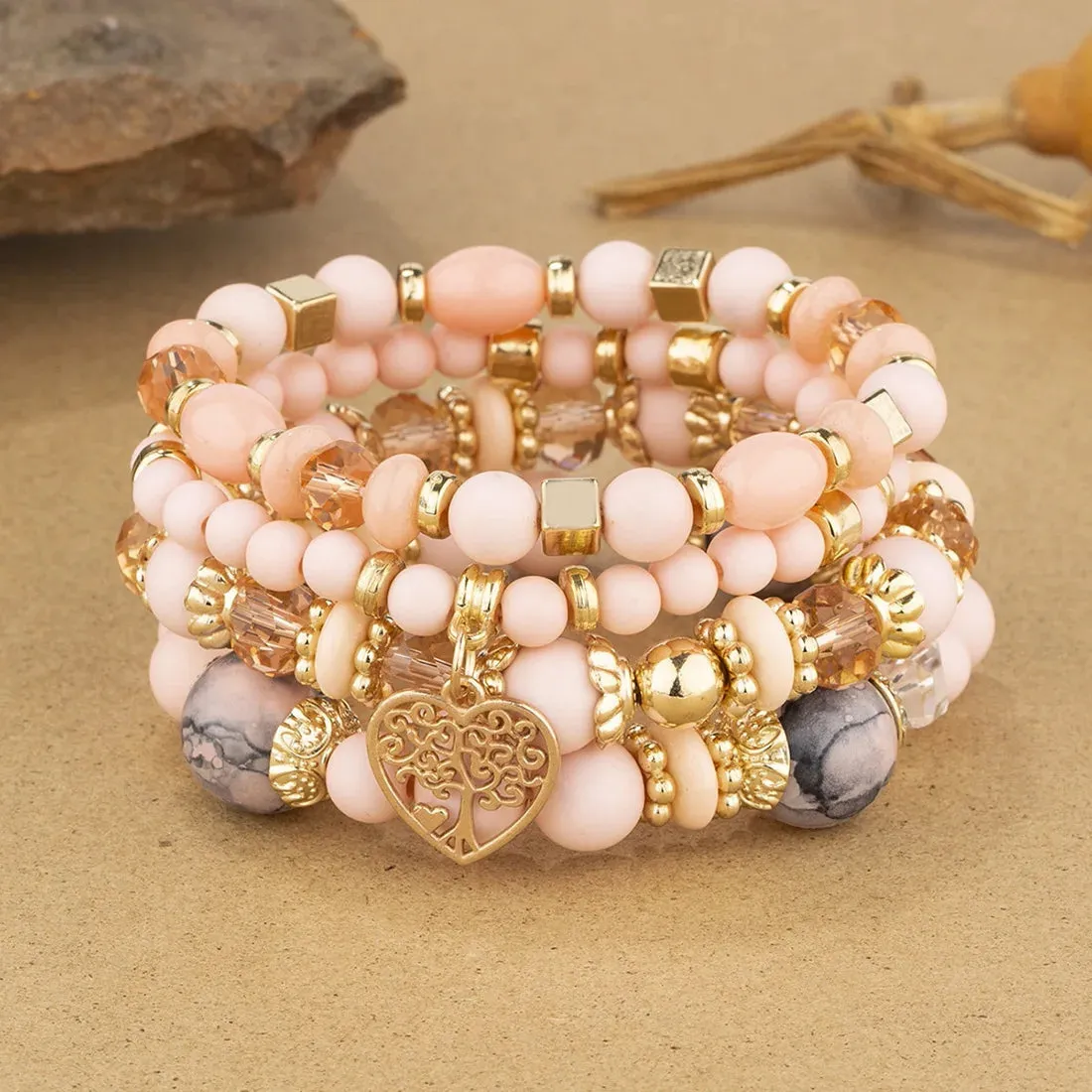 Bohemian Pink Crystal Beads Heart Charm Bracelets Women Girls Ethnic Tree Of Life Charm Wrap Bracelet