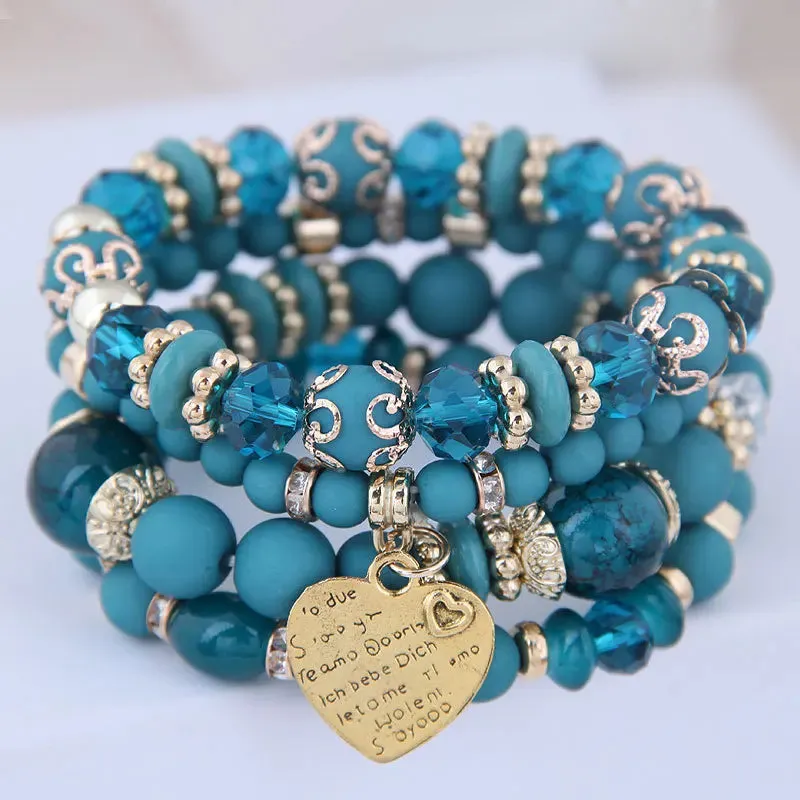 Bohemian Pink Crystal Beads Heart Charm Bracelets Women Girls Ethnic Tree Of Life Charm Wrap Bracelet