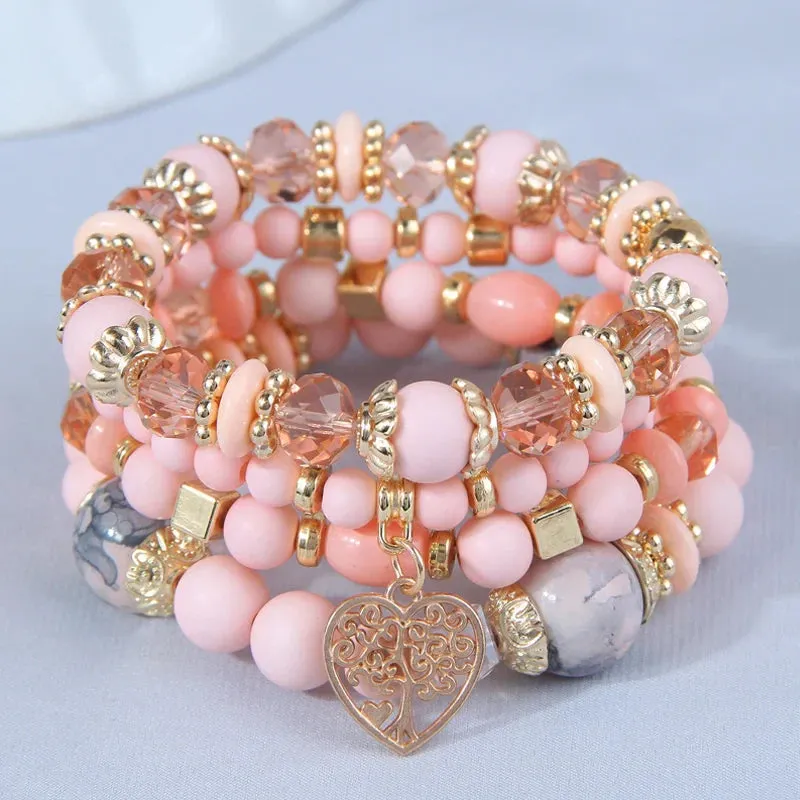 Bohemian Pink Crystal Beads Heart Charm Bracelets Women Girls Ethnic Tree Of Life Charm Wrap Bracelet