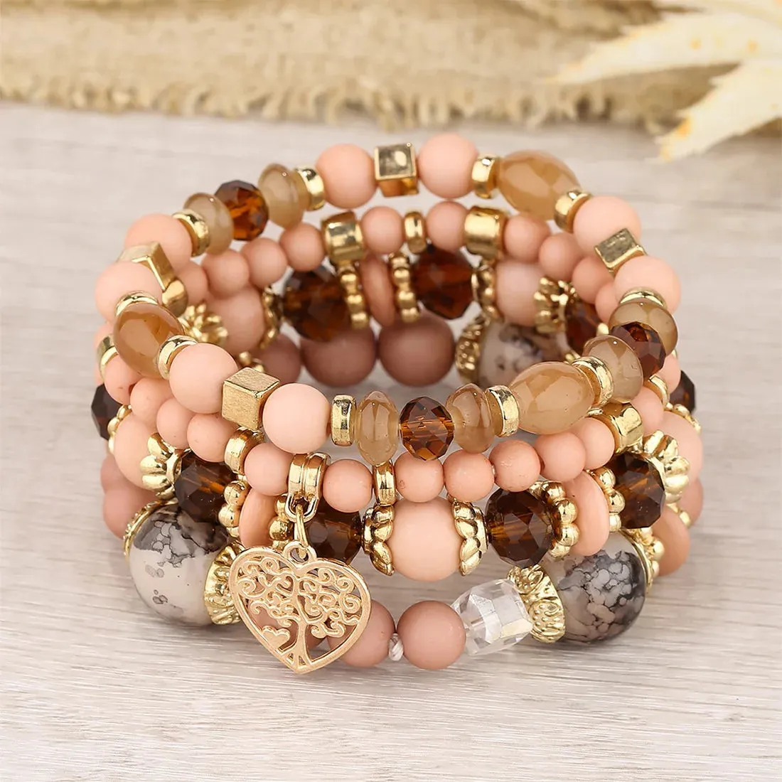 Bohemian Pink Crystal Beads Heart Charm Bracelets Women Girls Ethnic Tree Of Life Charm Wrap Bracelet