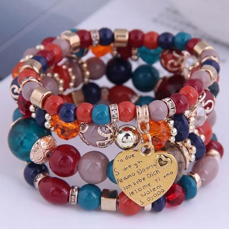Bohemian Pink Crystal Beads Heart Charm Bracelets Women Girls Ethnic Tree Of Life Charm Wrap Bracelet