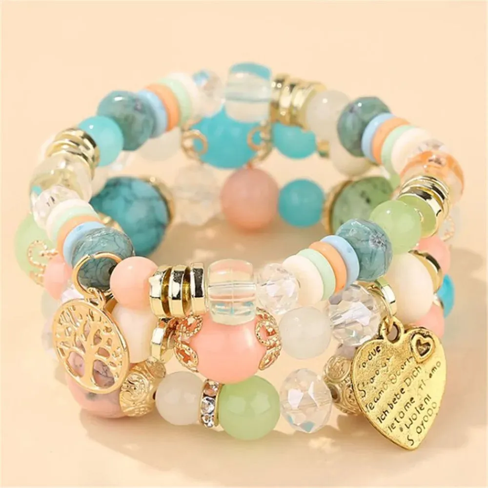 Bohemian Pink Crystal Beads Heart Charm Bracelets Women Girls Ethnic Tree Of Life Charm Wrap Bracelet