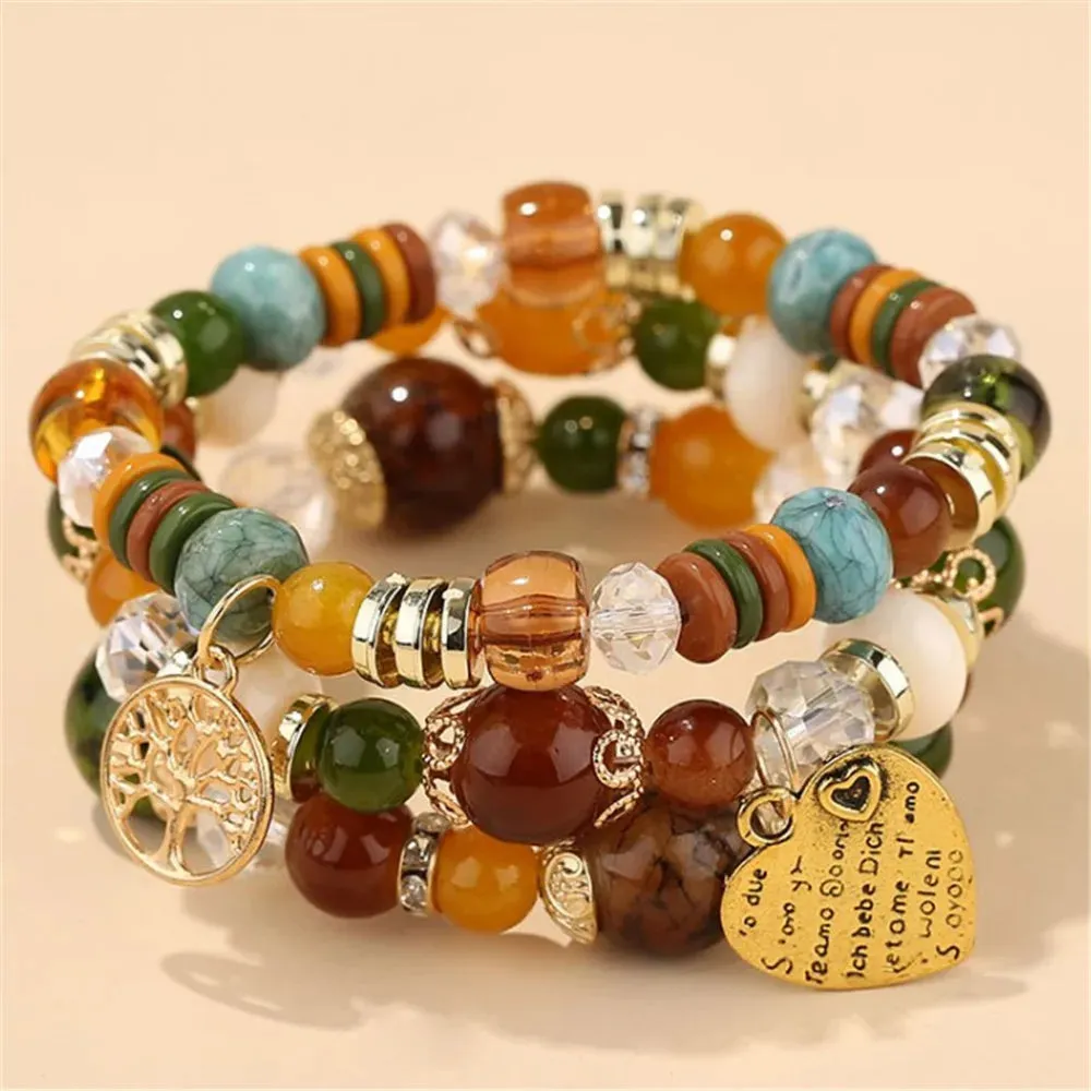 Bohemian Pink Crystal Beads Heart Charm Bracelets Women Girls Ethnic Tree Of Life Charm Wrap Bracelet