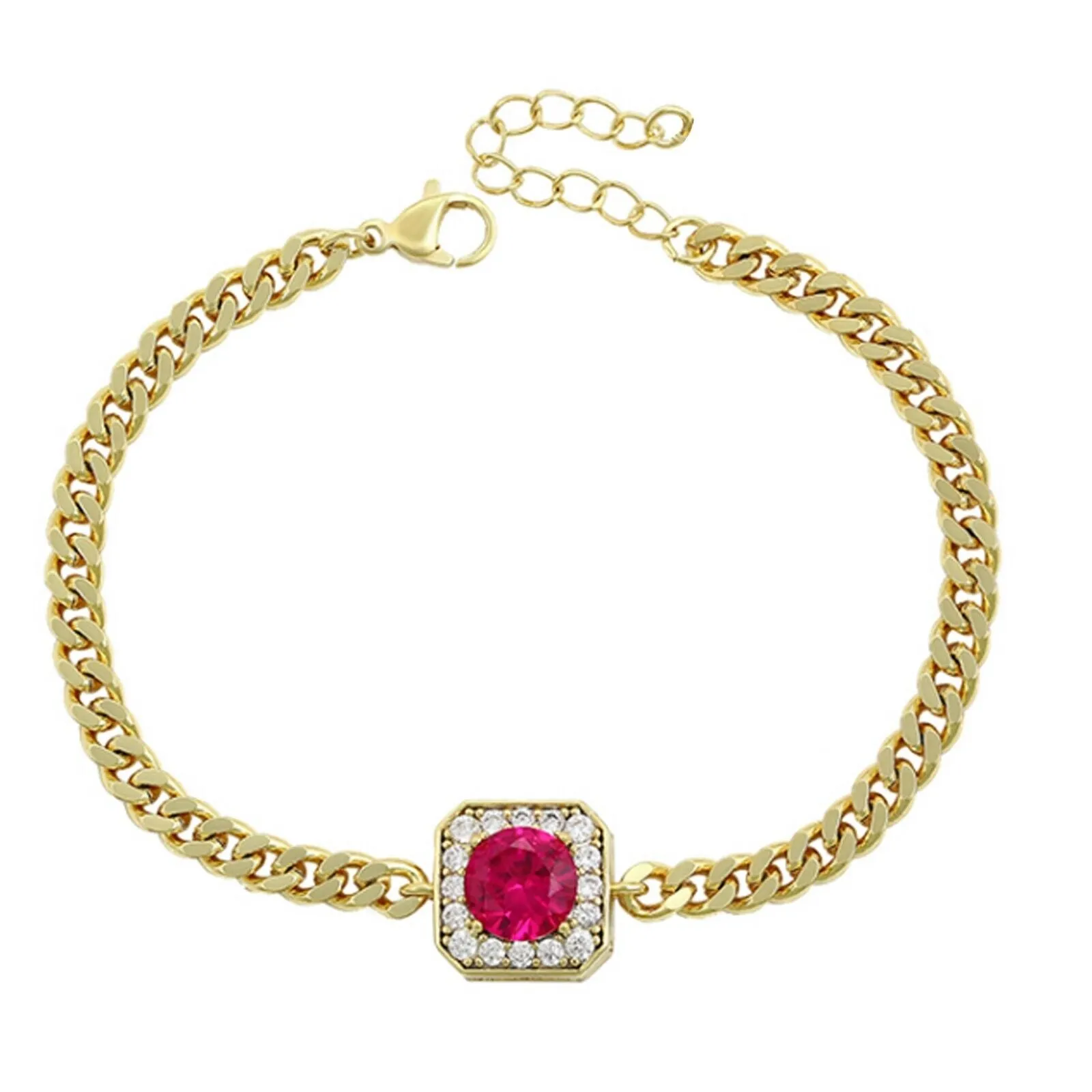Bracelets - 14K Gold Plated. 4mm Cuban Chain Bracelet. Red Crystal. Oro Laminado