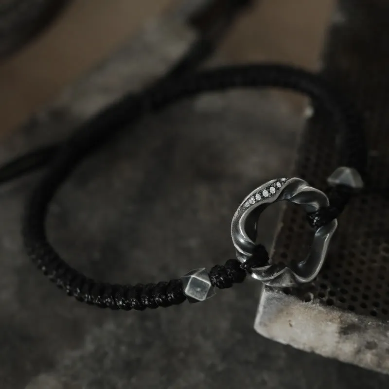 Buddha Stones 999 Sterling Silver Peace Buckle Black Wax Rope Protection Bracelet