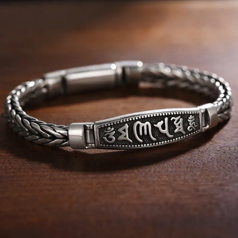 Buddha Stones Tibetan Copper Weave Om Mani Padme Hum Relief Vajra Peace Metal Bracelet