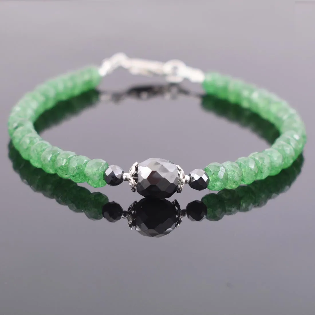 Certified 5mm Emerald Gemstone Bracelet With Black Diamond Bead
