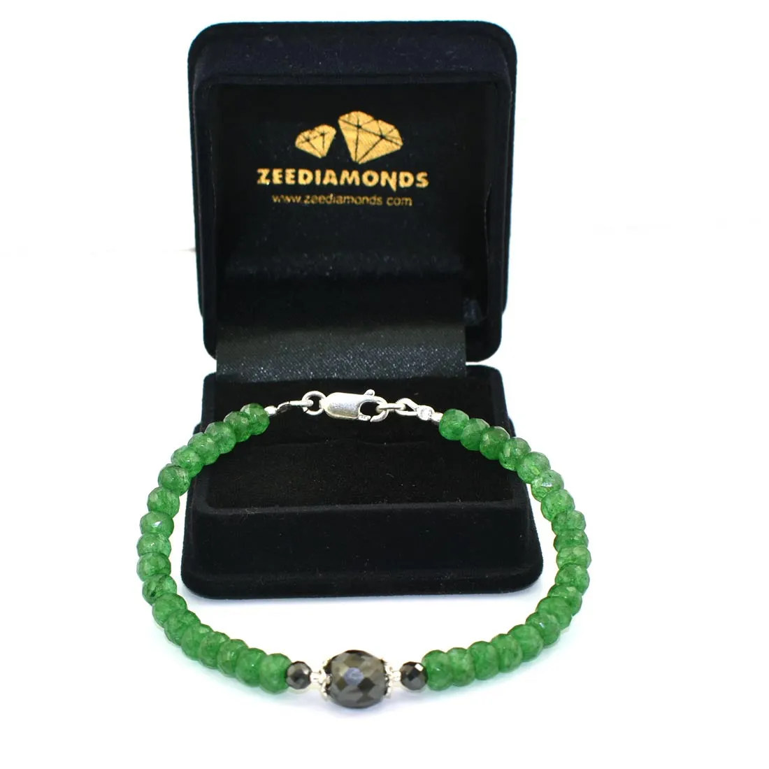 Certified 5mm Emerald Gemstone Bracelet With Black Diamond Bead