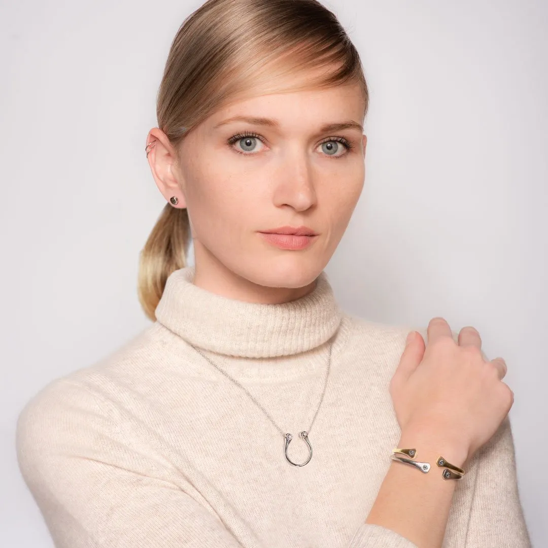 Charmed - Stylized Horseshoe Nail and Moissanite Stone 14K Gold on Brass Cuff Bracelet