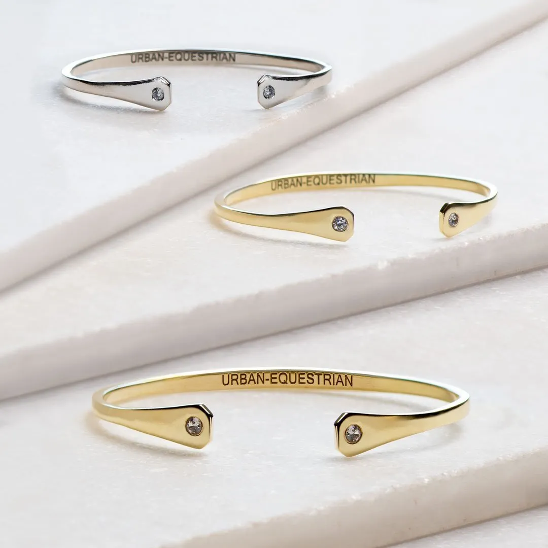 Charmed - Stylized Horseshoe Nail and Moissanite Stone 14K Gold on Brass Cuff Bracelet