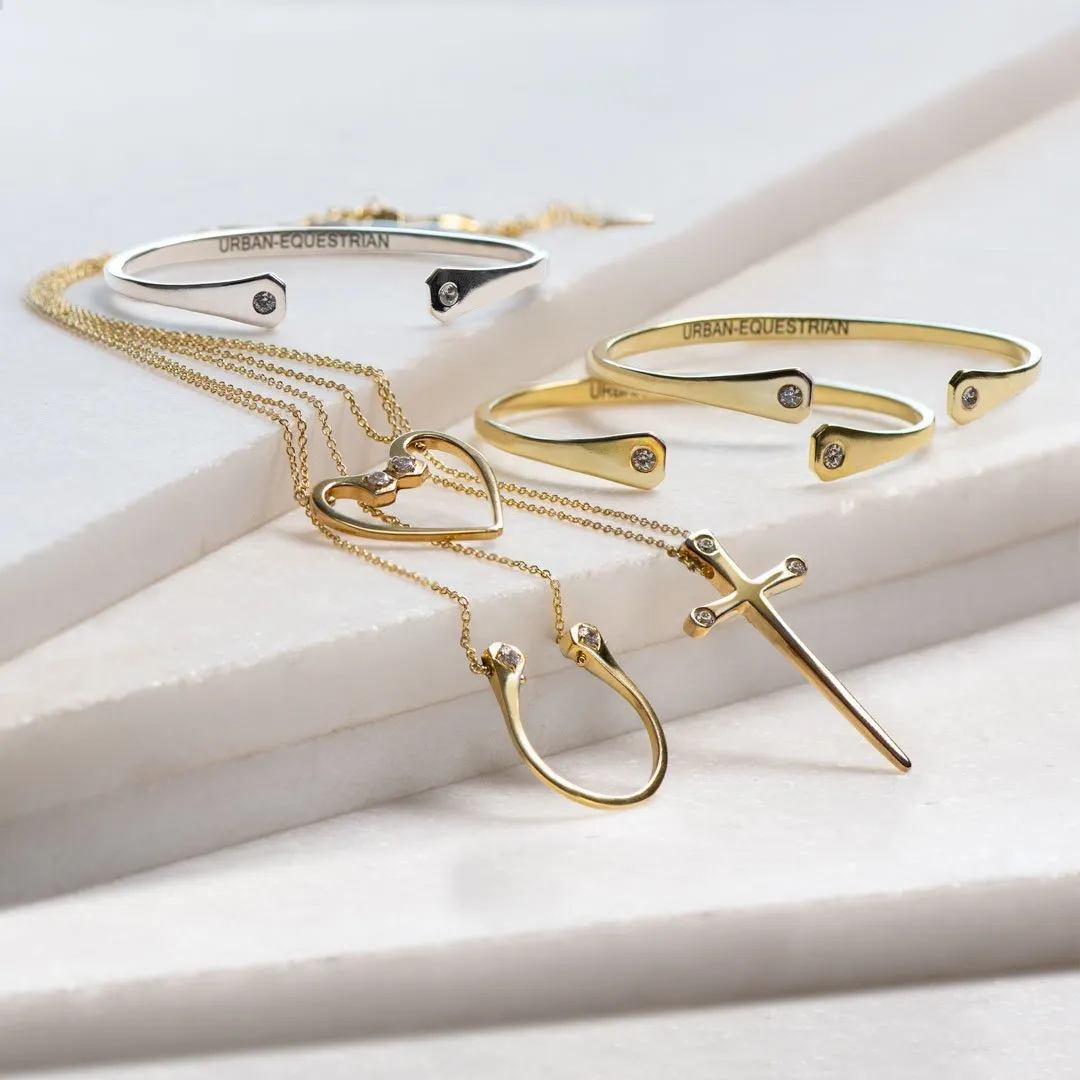 Charmed - Stylized Horseshoe Nail and Moissanite Stone 14K Gold on Brass Cuff Bracelet