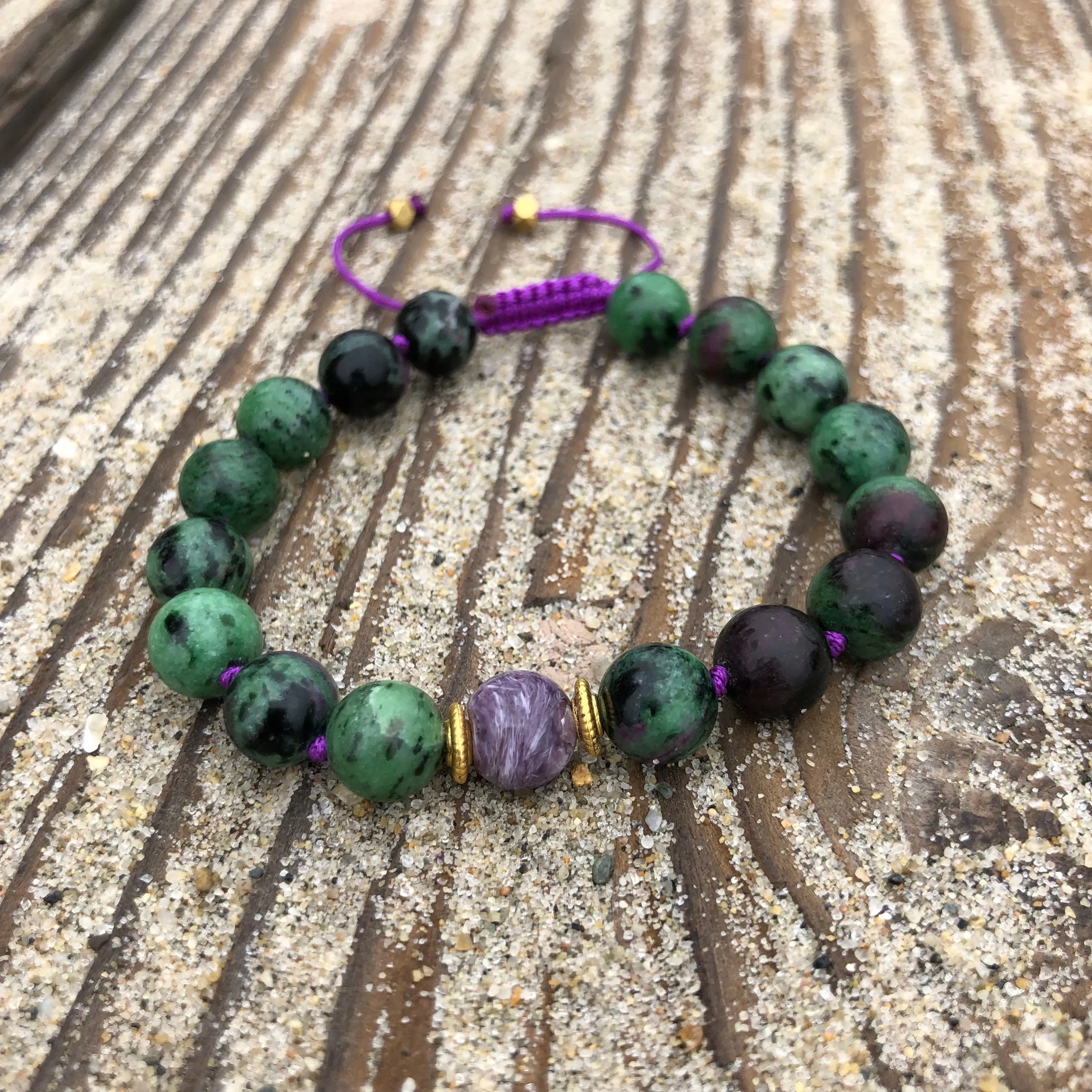 Charoite & Ruby Zoisite Adjustable Beaded Bracelet