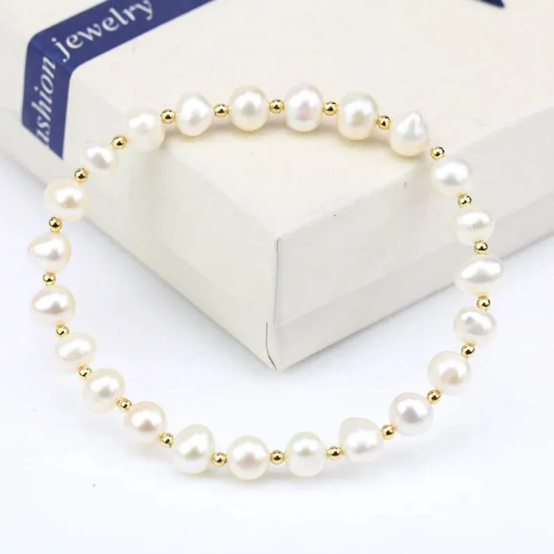Children's Bracelets:  Gold Plated White, 6mm Freshwater Pearl Stretch Bracelets