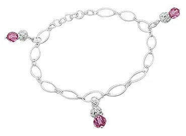 Children's Bracelets:  Sterling Silver Open Chain, Pink and White Crystal Disco Ball Bracelets