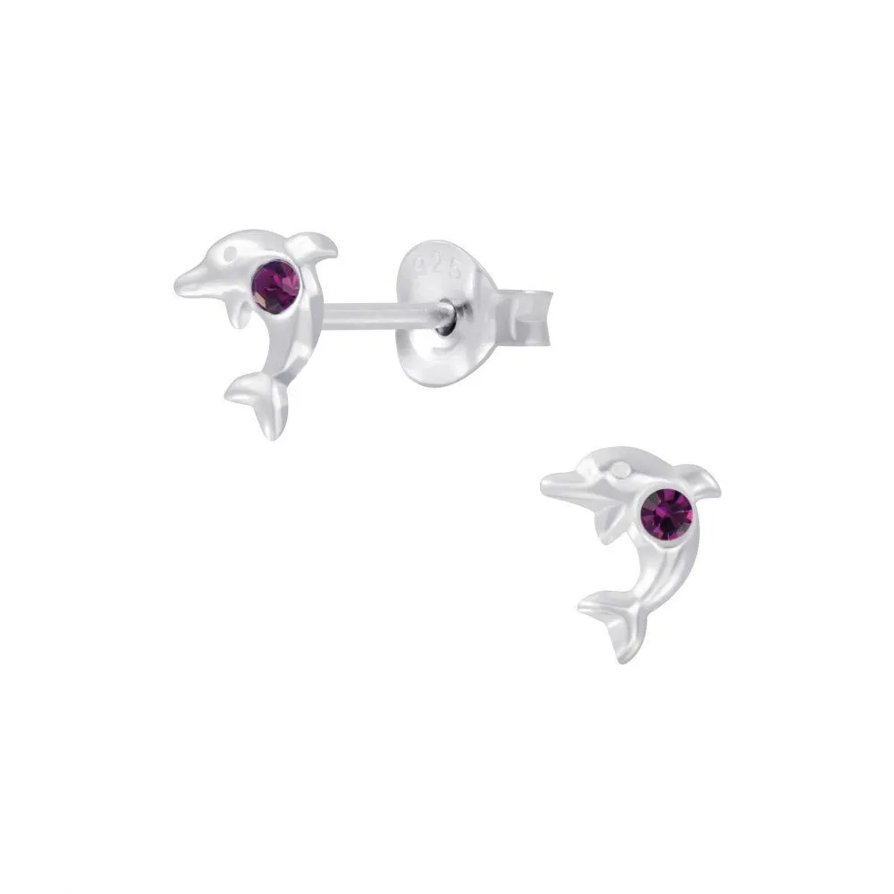 Children's Sterling Silver 'February Birthstone' Dolphin Stud Earrings