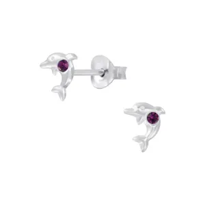 Children's Sterling Silver 'February Birthstone' Dolphin Stud Earrings