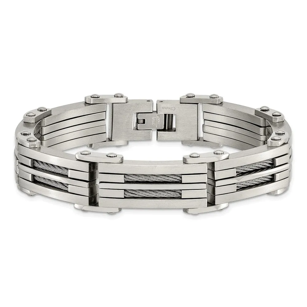 Chisel Stainless Steel Brushed and Polished with Cable Inlay 8.5 inch Bracelet