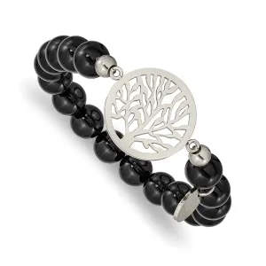 Chisel Stainless Steel Polished Tree of Life 8mm Black Agate Beaded Stretch Bracelet
