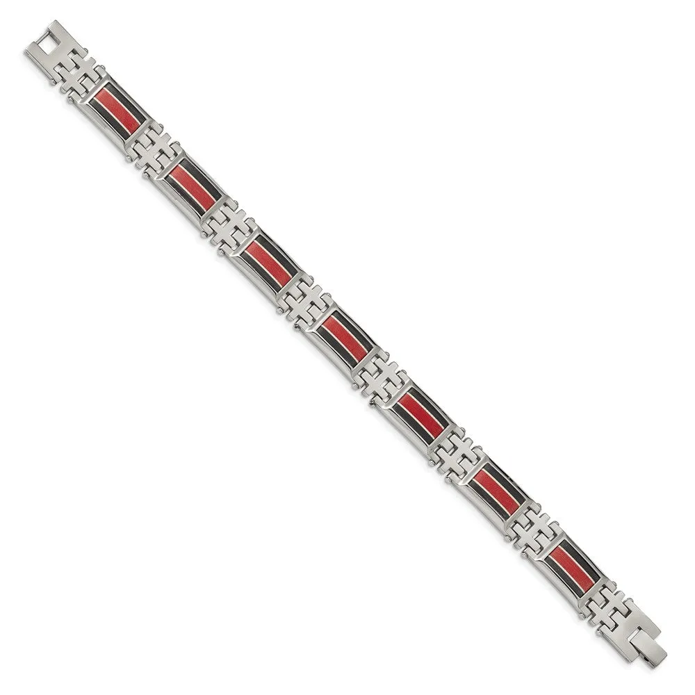 Chisel Stainless Steel Polished with Black Carbon Fiber and Red Fiberglass Inlay 9.25 inch Link Bracelet