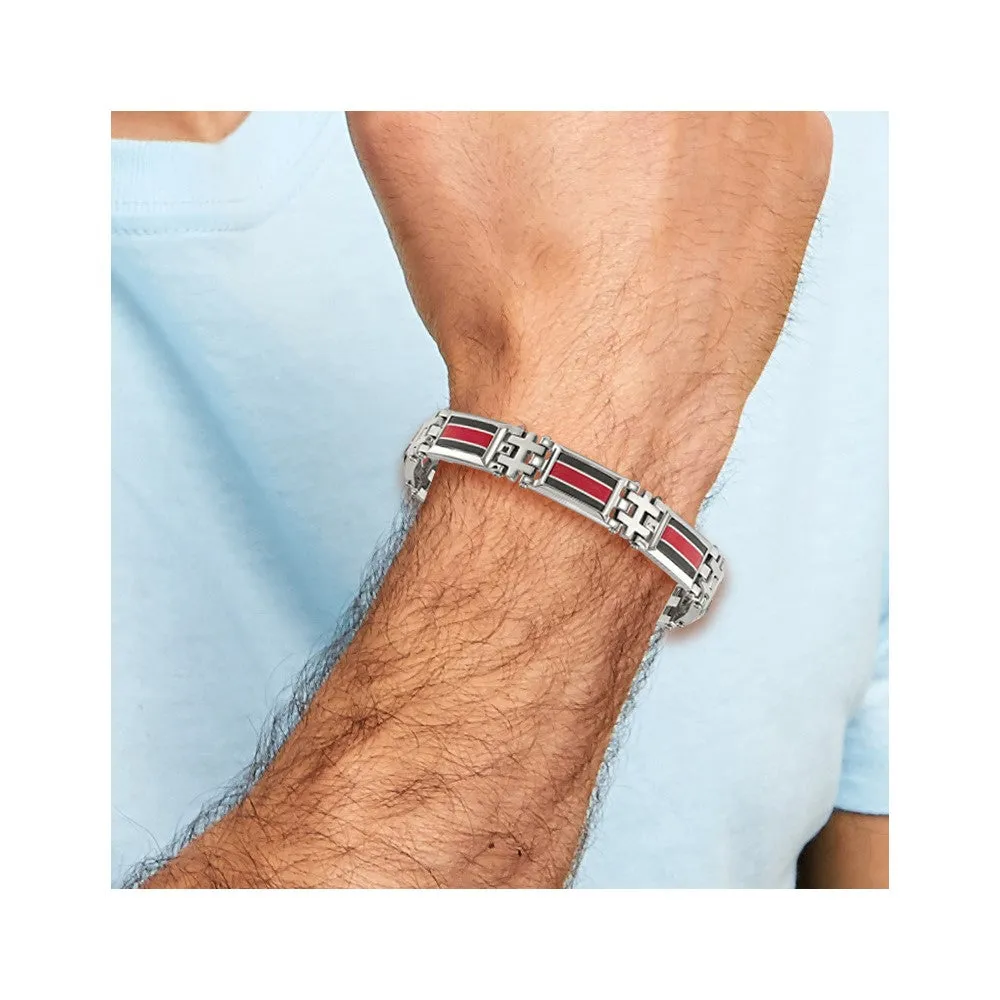 Chisel Stainless Steel Polished with Black Carbon Fiber and Red Fiberglass Inlay 9.25 inch Link Bracelet