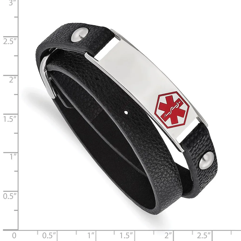Chisel Stainless Steel Polished with Red Enamel Medical ID Black Leather Adjustable Wrap Bracelet