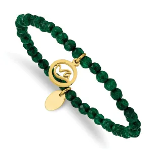 Chisel Stainless Steel Polished Yellow IP-plated Dove 4mm Green Jade Beaded Stretch Bracelet