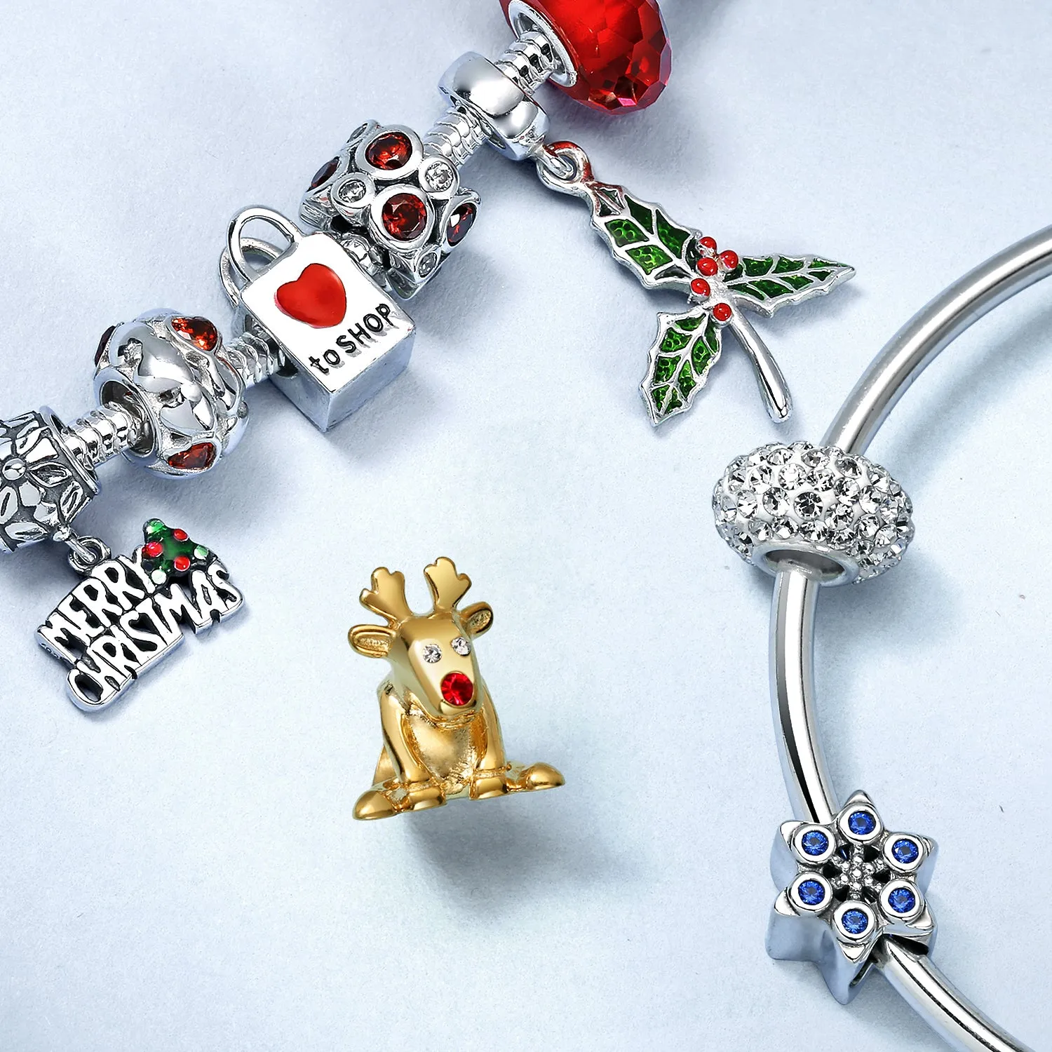 Christmas Charm Bead Bundle Snowflake Hearts Envelope Sterling Silver for Bracelets