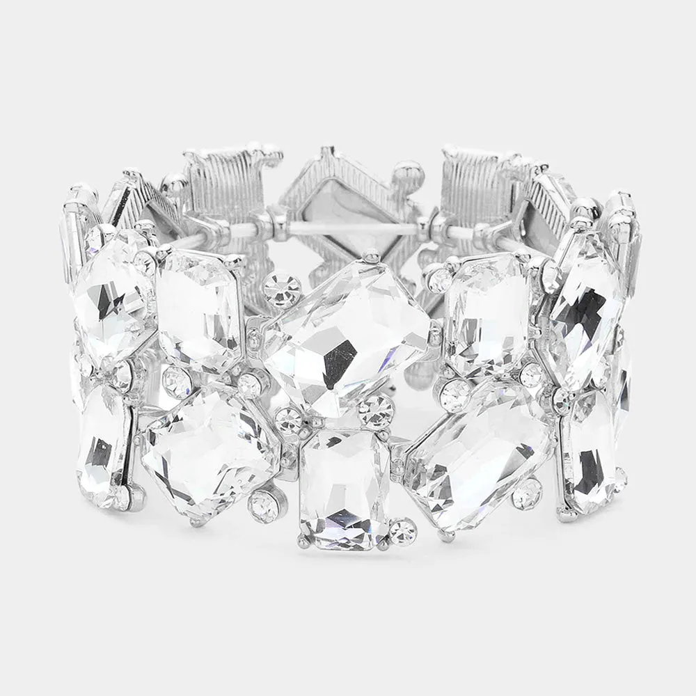 Clear Offset Rectangle Crystal Stretch Evening Bracelet | Chunky Bracelet |  623701