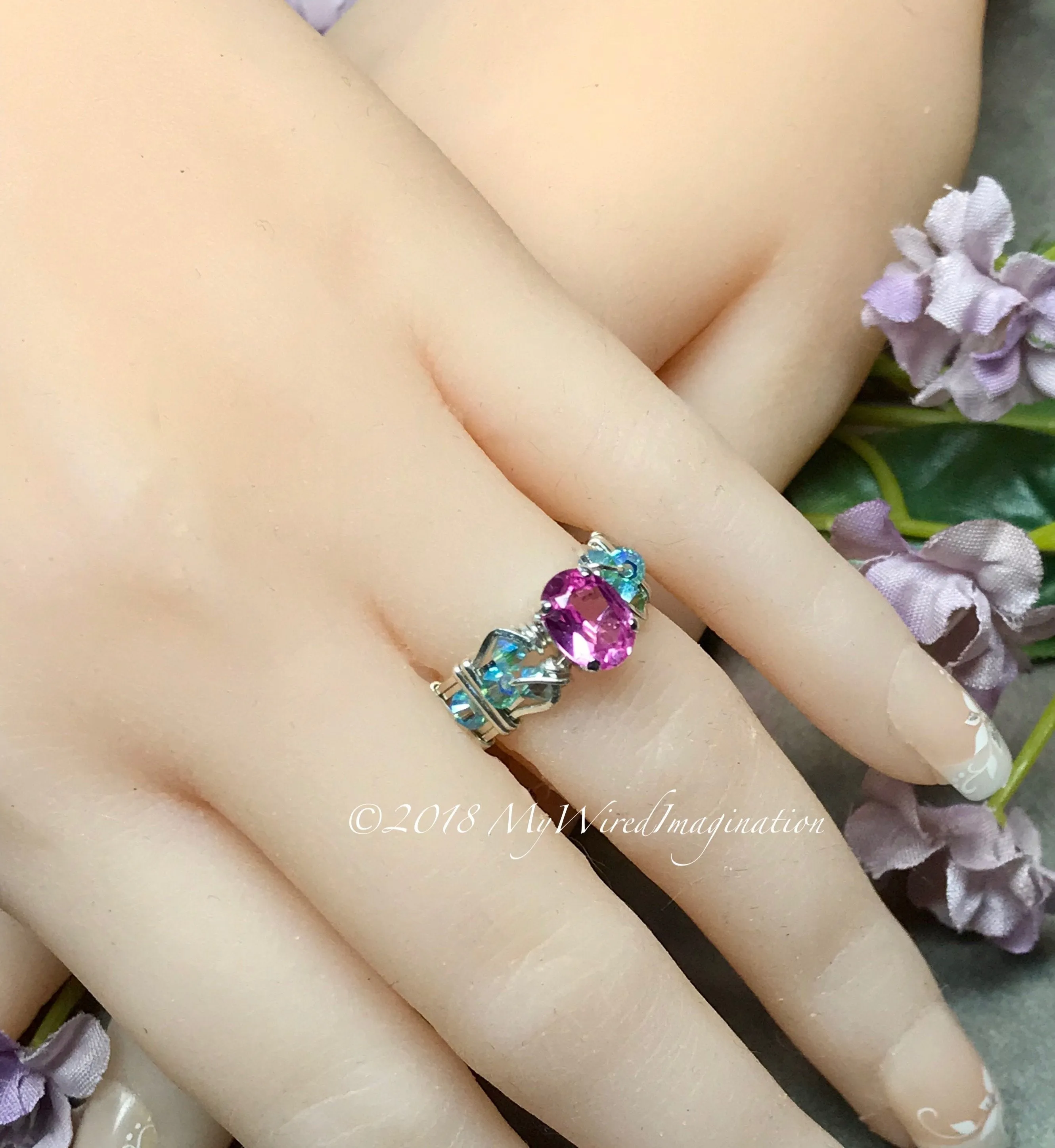 Dainty Pink Sapphire and Swarovski Crystal Handmade Ring, Made to Order