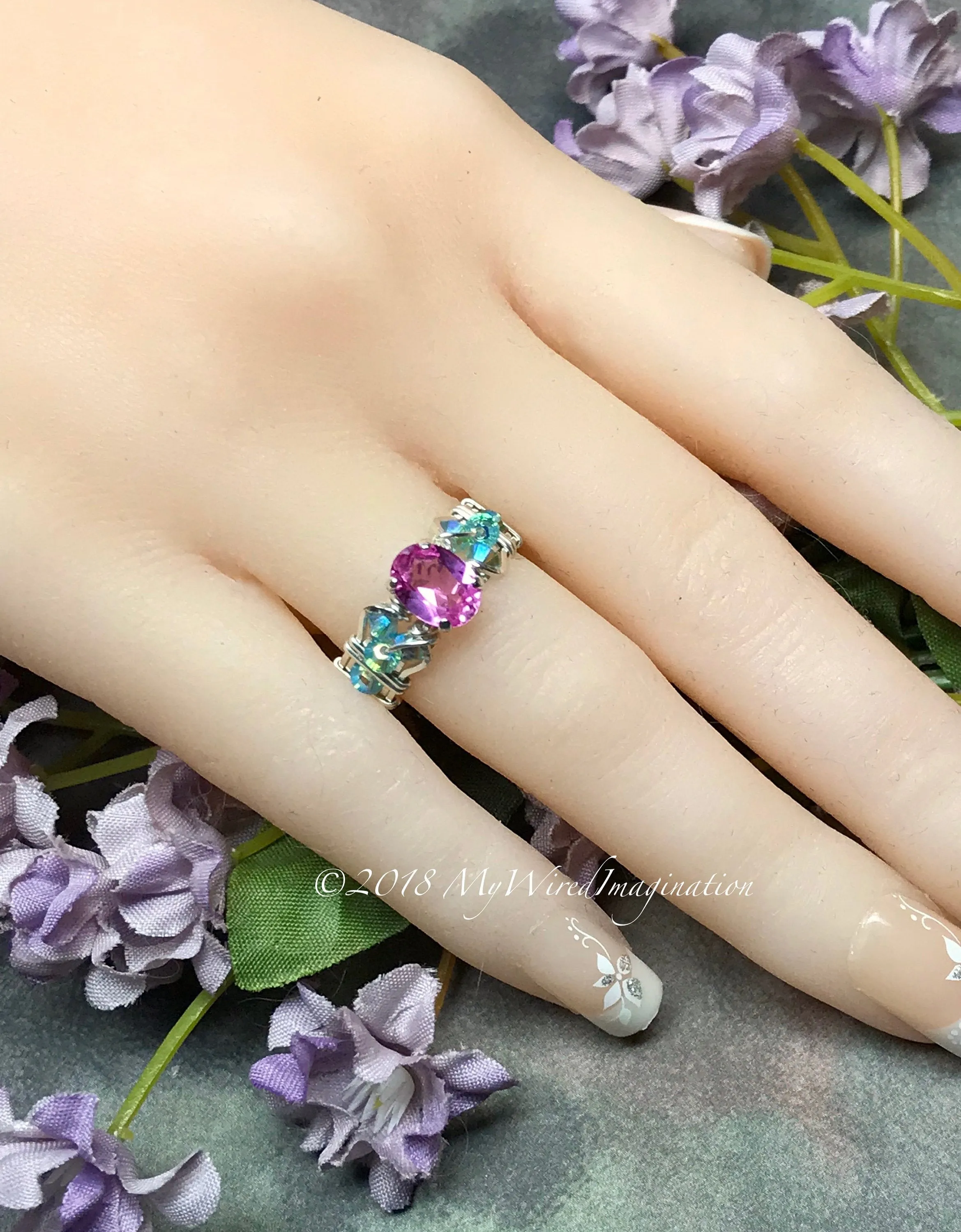 Dainty Pink Sapphire and Swarovski Crystal Handmade Ring, Made to Order