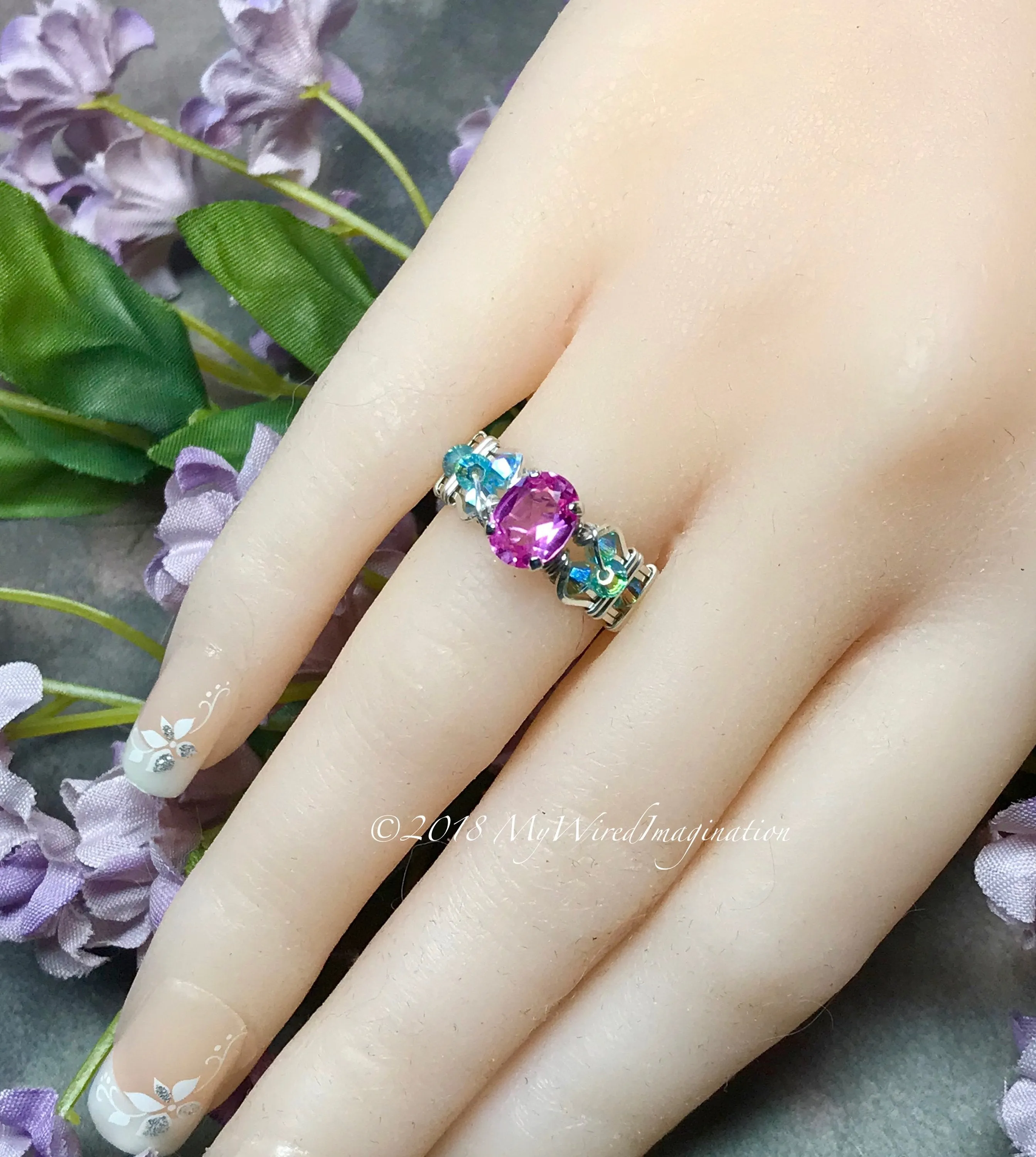 Dainty Pink Sapphire and Swarovski Crystal Handmade Ring, Made to Order